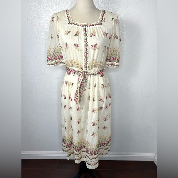 VINTAGE 1970s Madame Rei Floral Midi Button Front Shirt Dress Tie Waist Calico - Picture 6 of 14